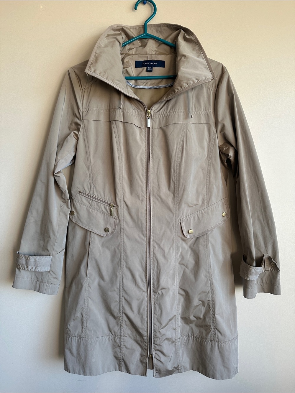 Cole Haan Taupe Lightweight Zip-Front Rain coat
